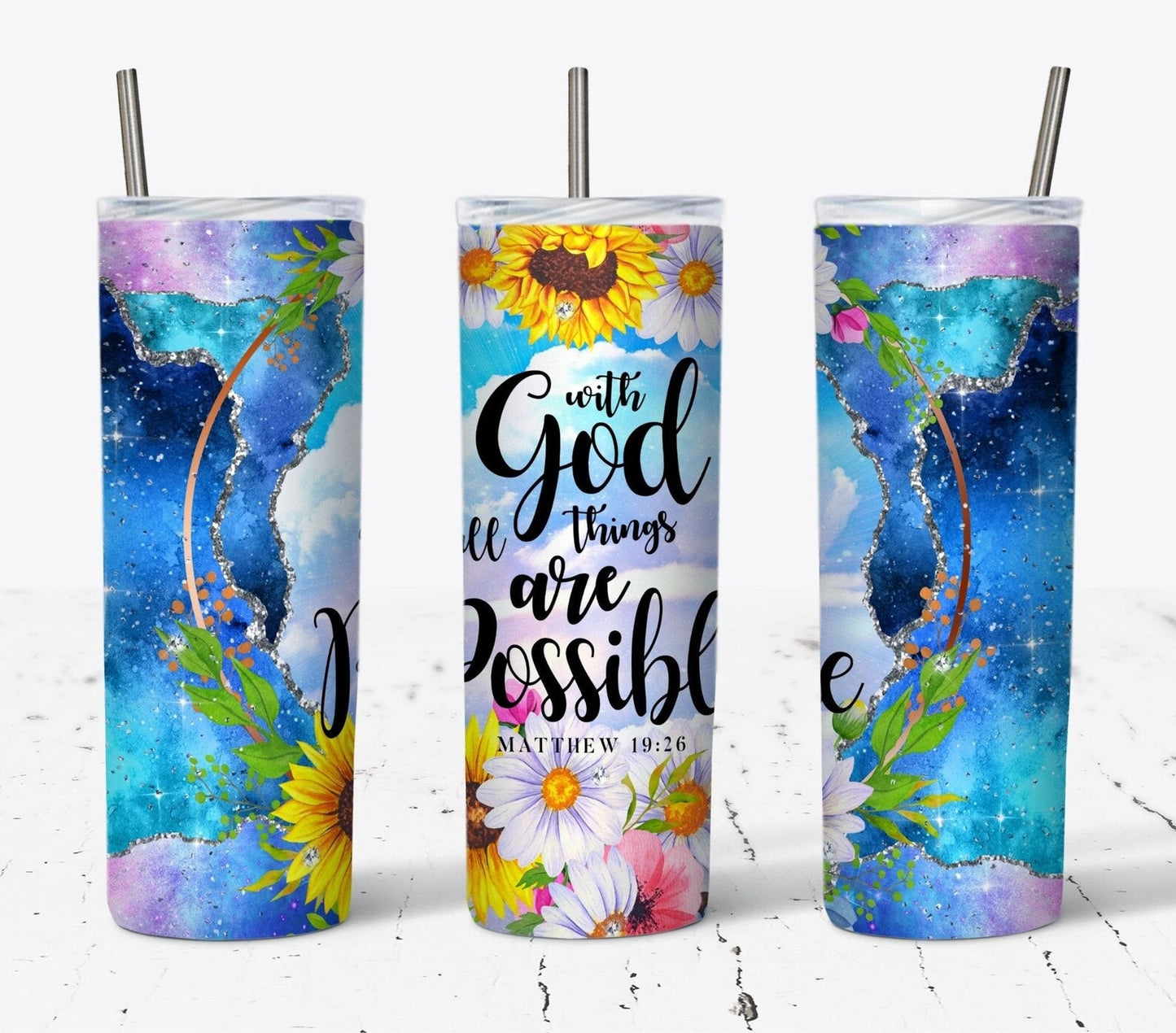 With God all things are possible flowered travel cup. Unique gift. Birthday gift. Mother’s Day. Faith Based.