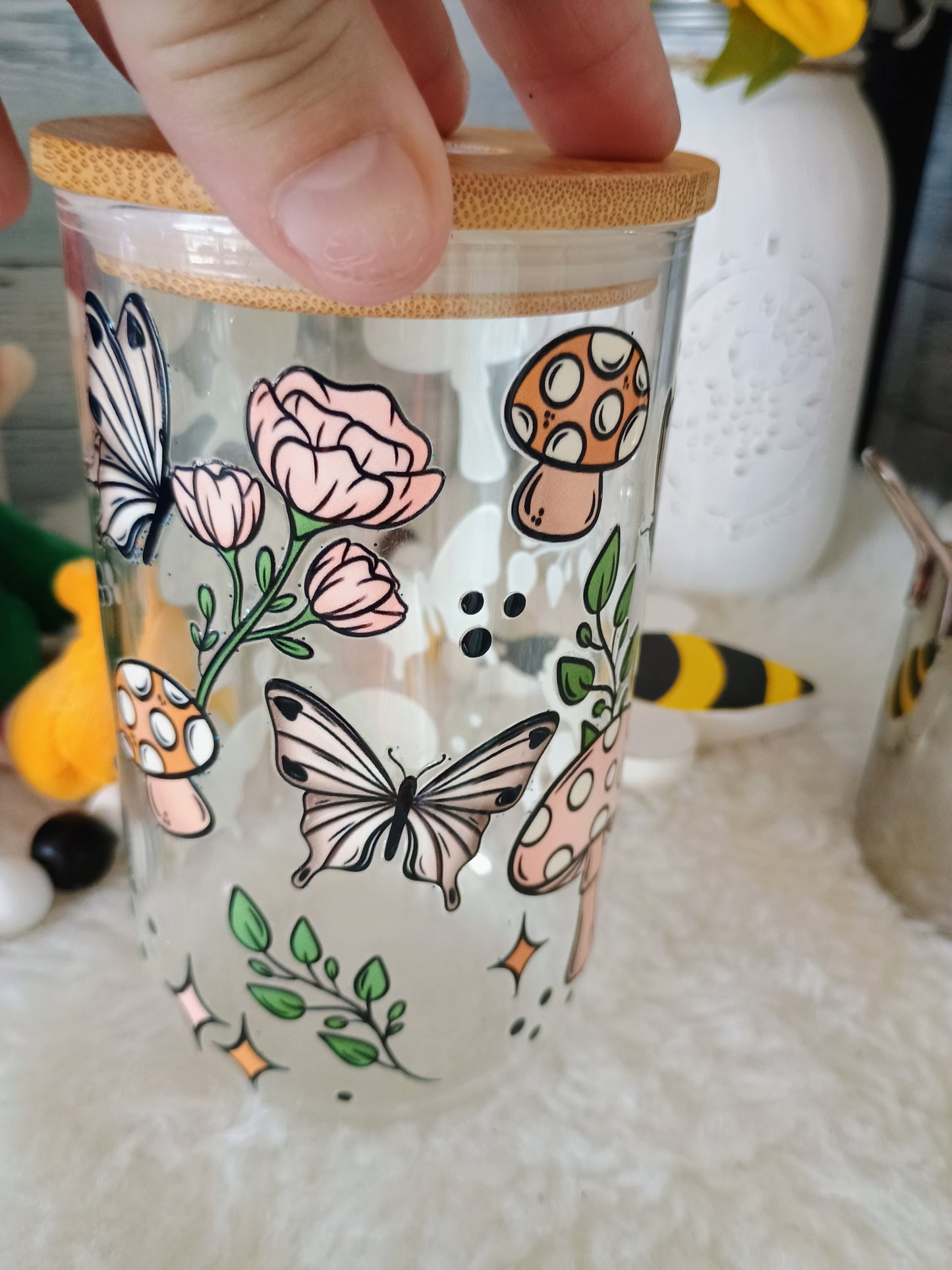 18 oz clear glass can with mushrooms π and butterflies