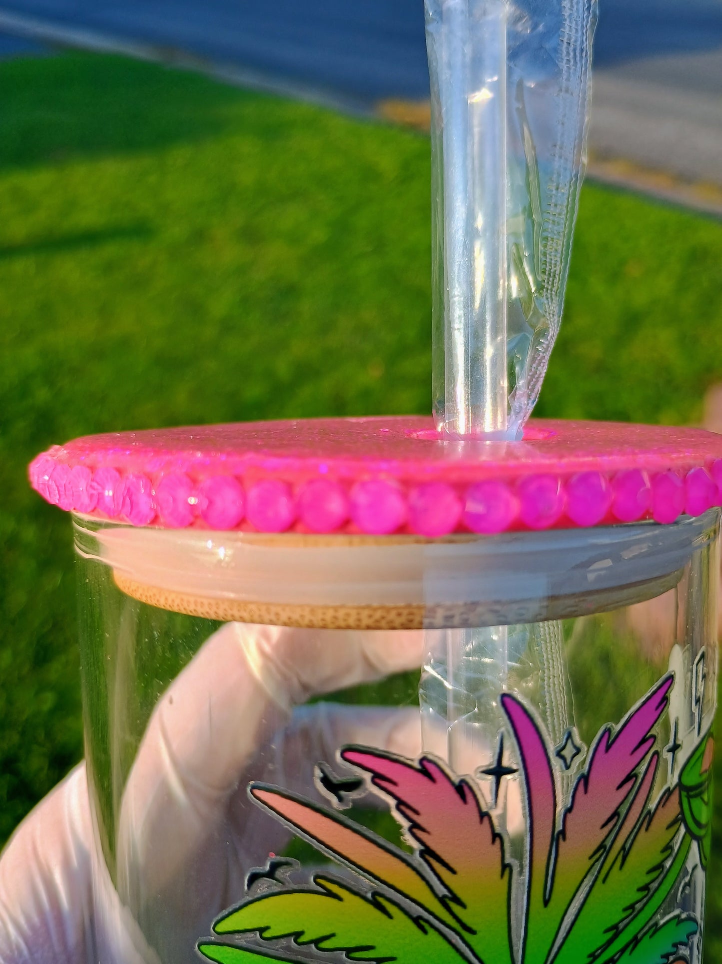 Tanned & Tipsy 18 oz glass with blinged lid
