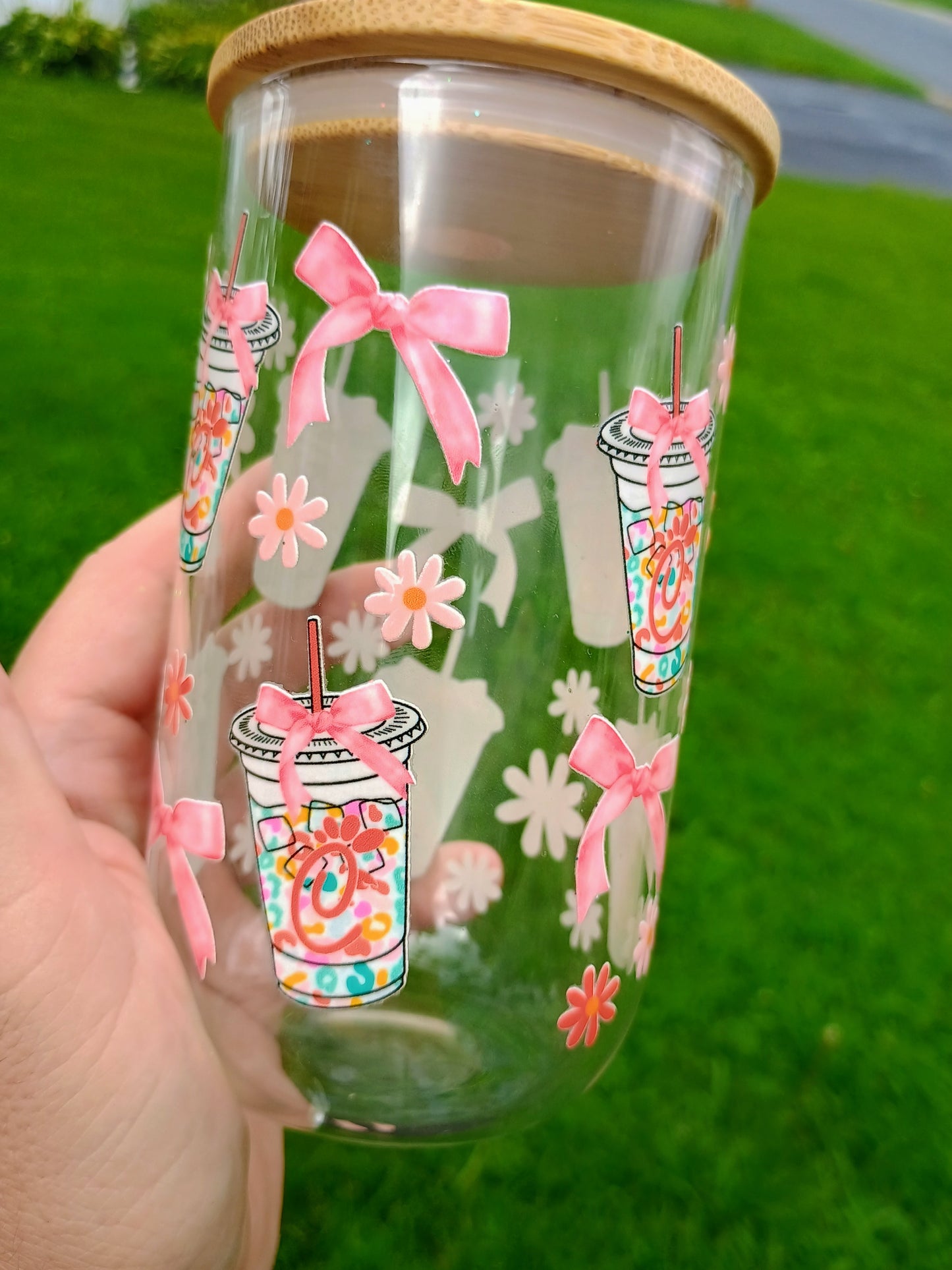 Chicken sandwiches and bows π glass can with bamboo lid and straw