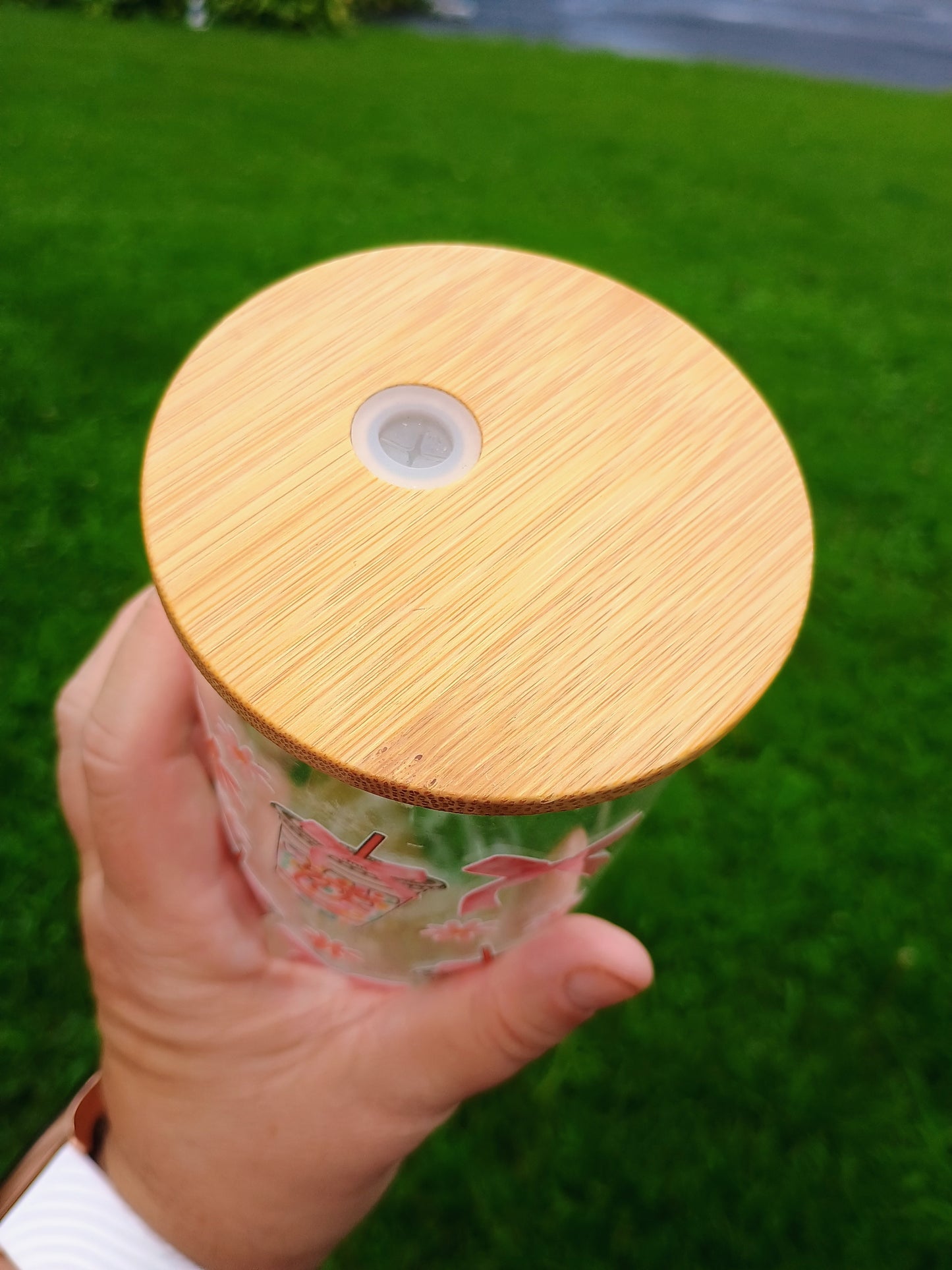 Chicken sandwiches and bows π glass can with bamboo lid and straw
