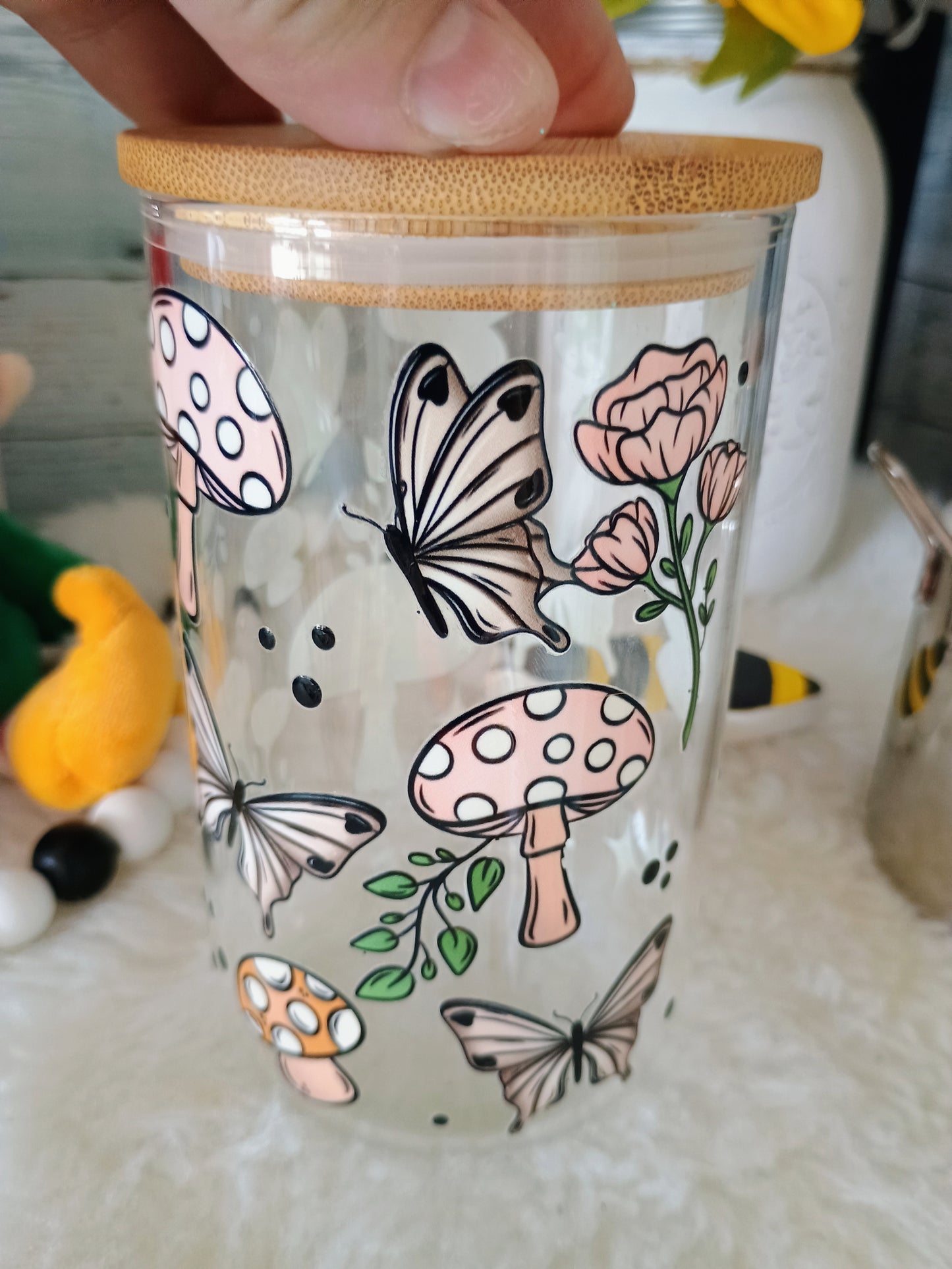 18 oz clear glass can with mushrooms π and butterflies