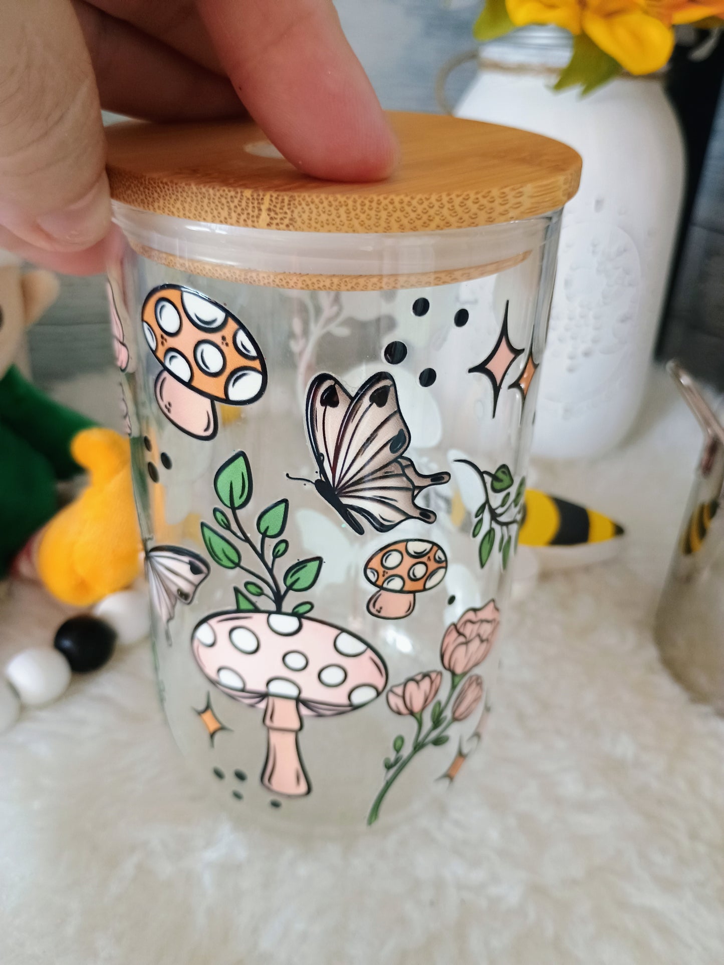 18 oz clear glass can with mushrooms π and butterflies
