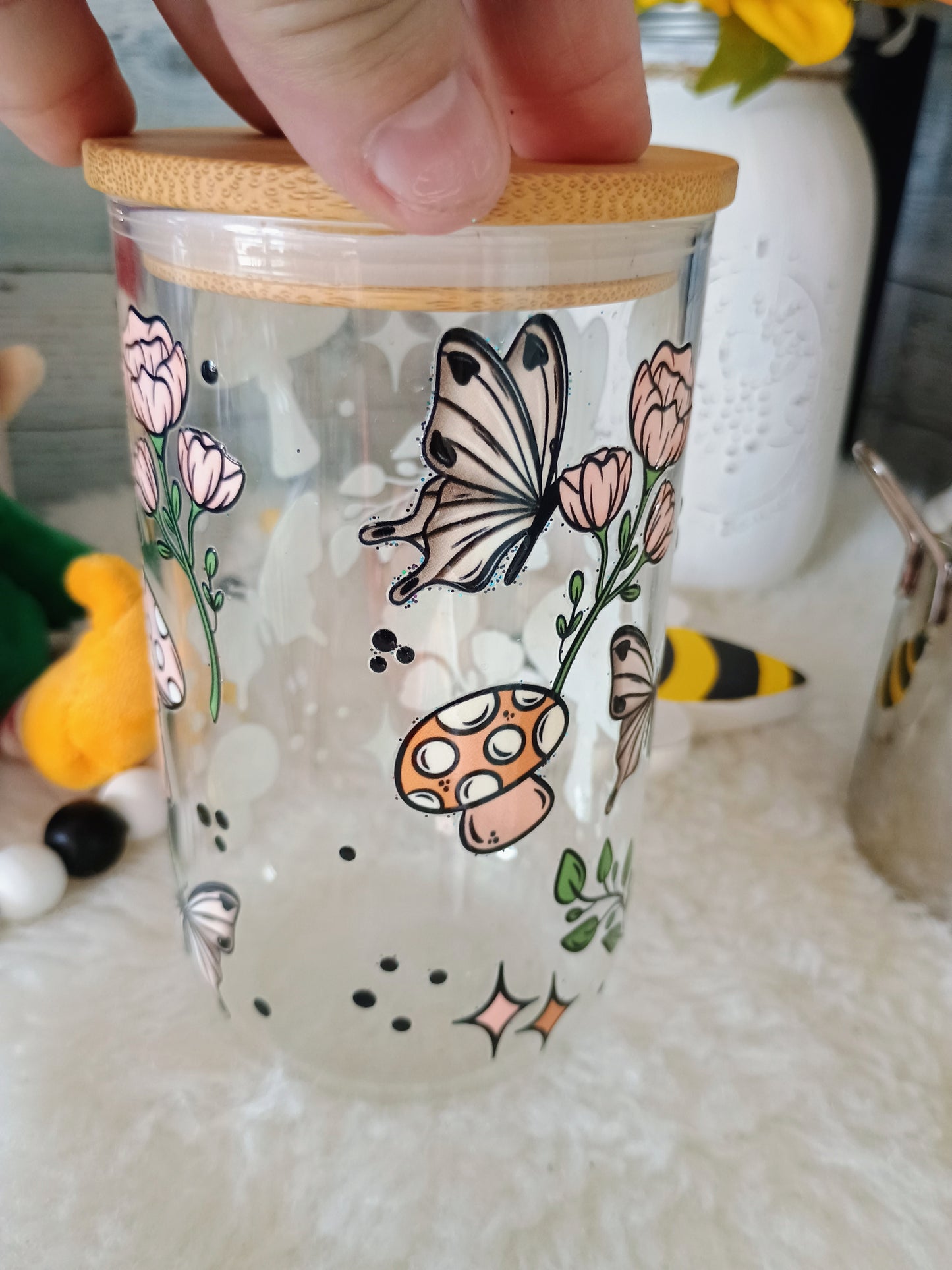 18 oz clear glass can with mushrooms π and butterflies