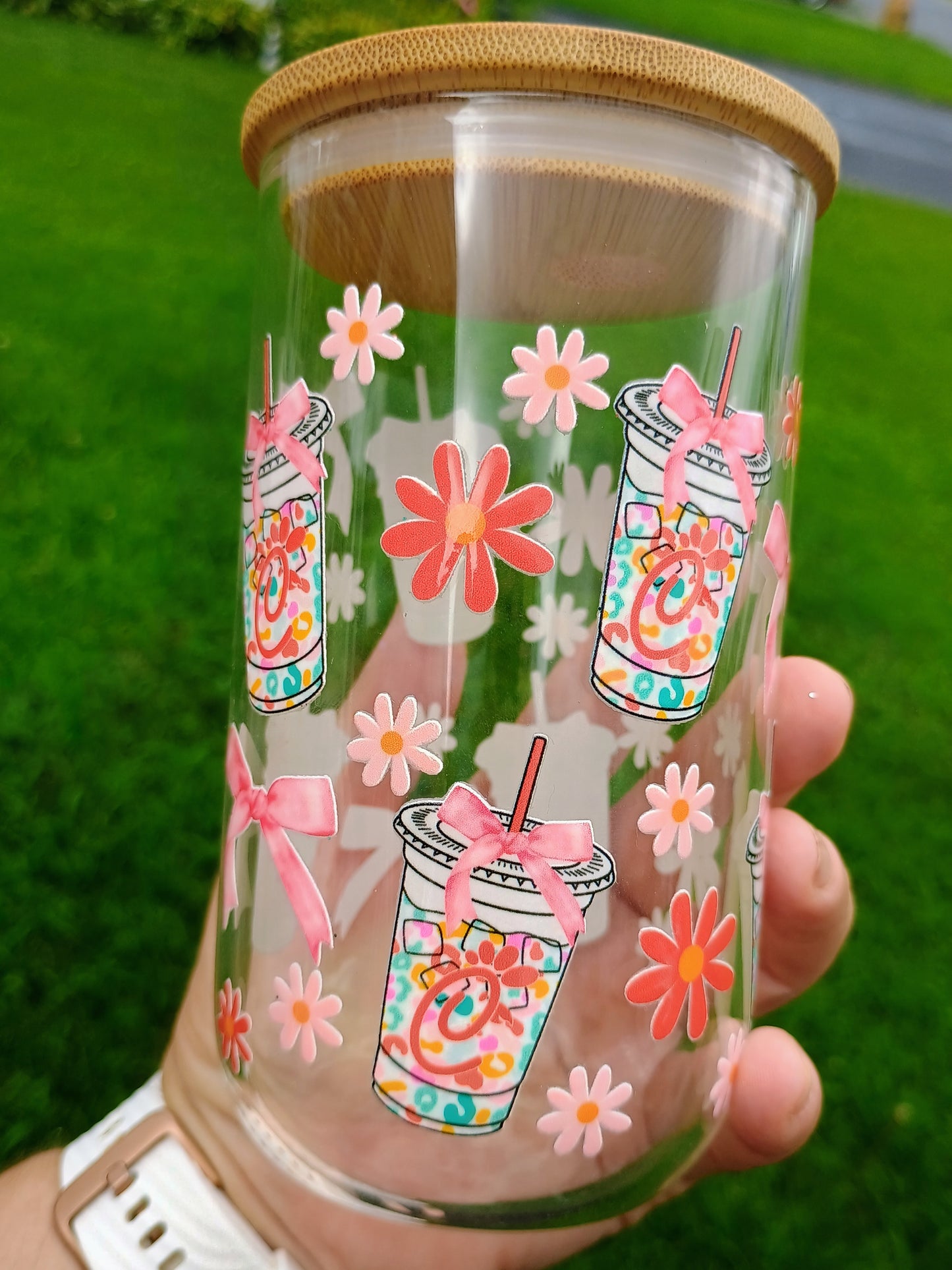 Chicken sandwiches and bows π glass can with bamboo lid and straw