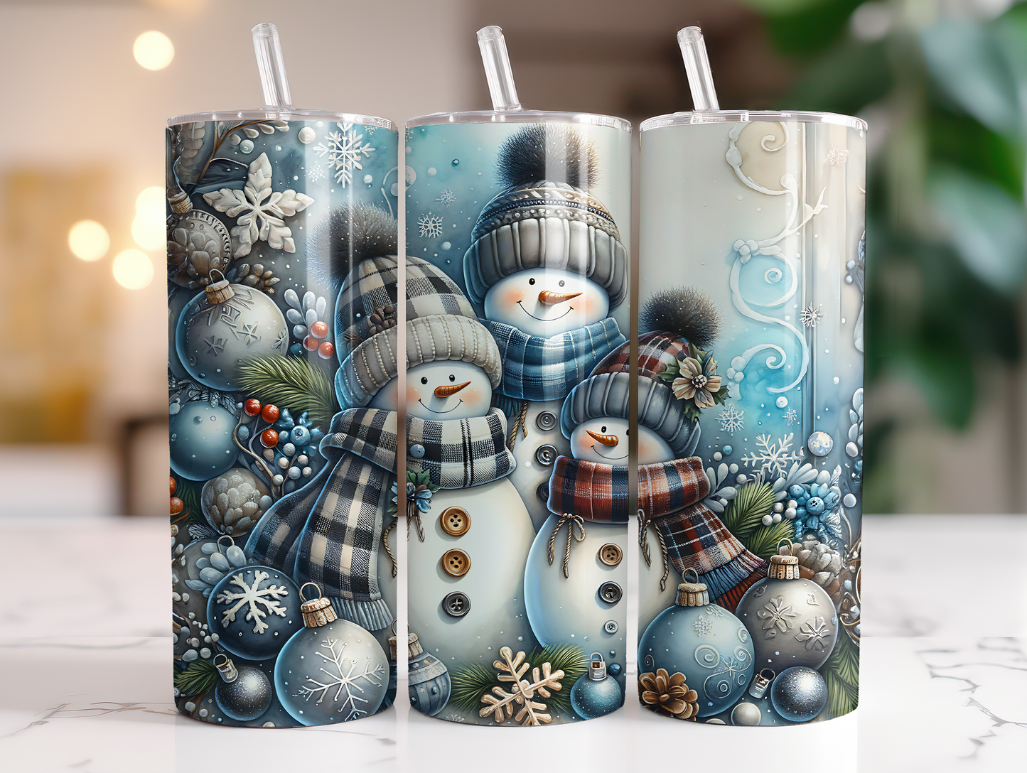 Rustic Snowmen & Blue Ornaments 20 oz Stainless Steel Tumbler