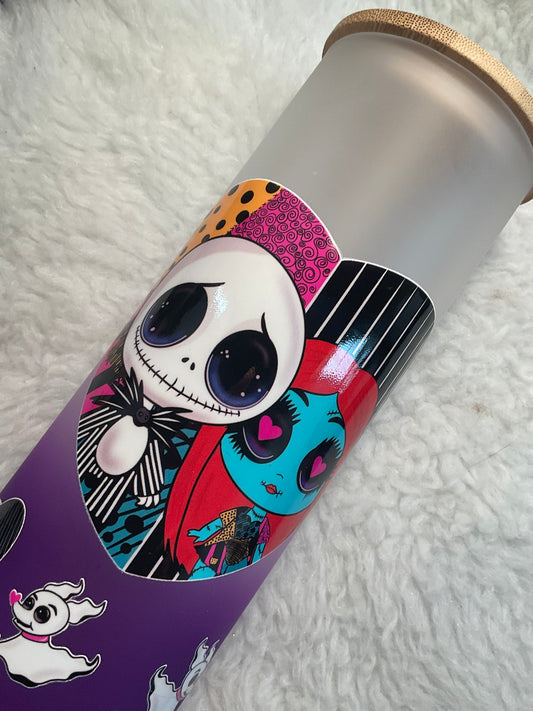 25 oz Frosted Glass Tumbler – Spooky Cute Characters with Bamboo Lid & Straw