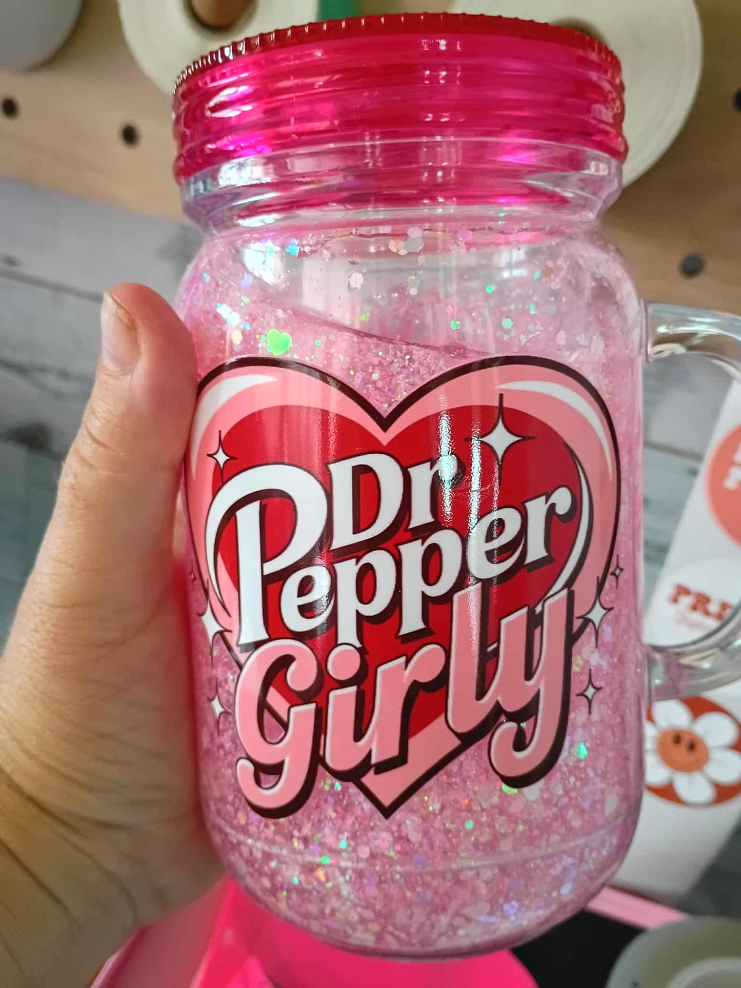 Dr. Pepper Girly Glitter Mason Jar Cup with Handle