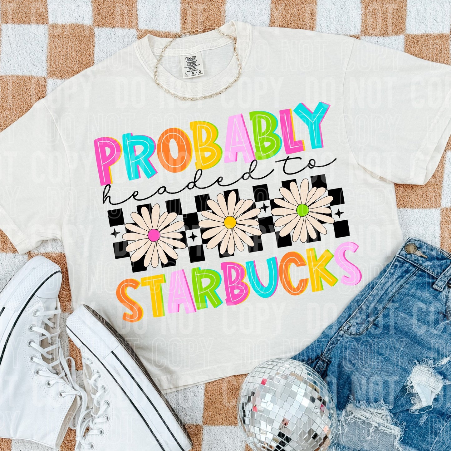 Probably headed to Starbucks white graphic tee