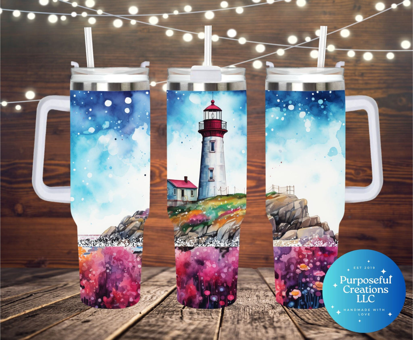 40 oz Lighthouse Tumbler with 2 lids and straw.
