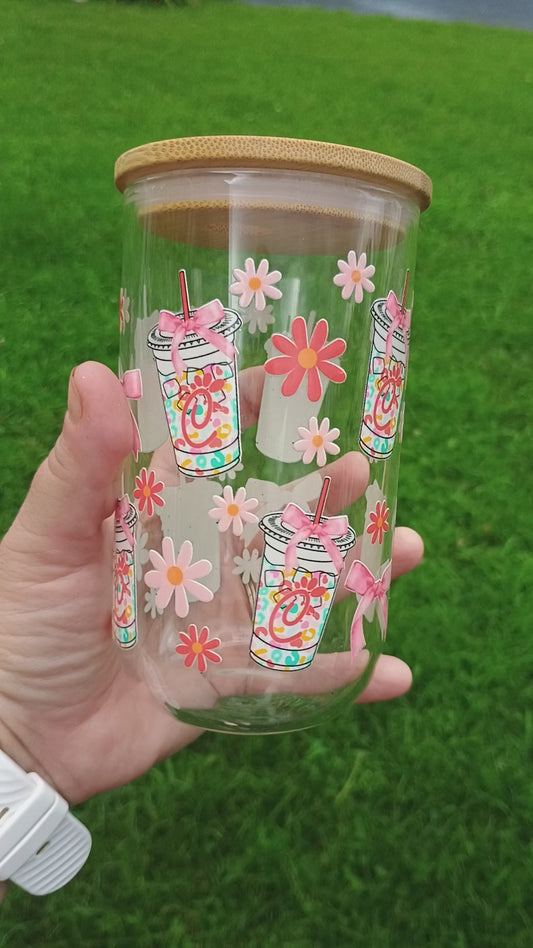 Chicken sandwiches and bows 💕 glass can with bamboo lid and straw