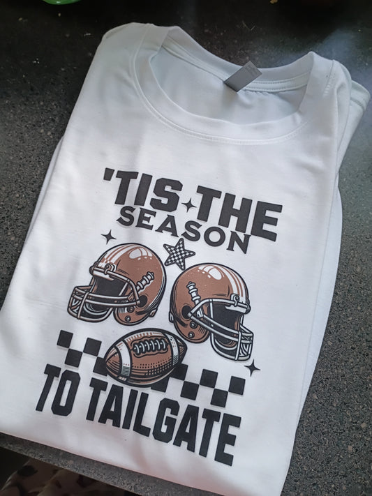 'Tis the Season to Tailgate Football T-Shirt – Game Day Tailgating Tee (White & Gray)