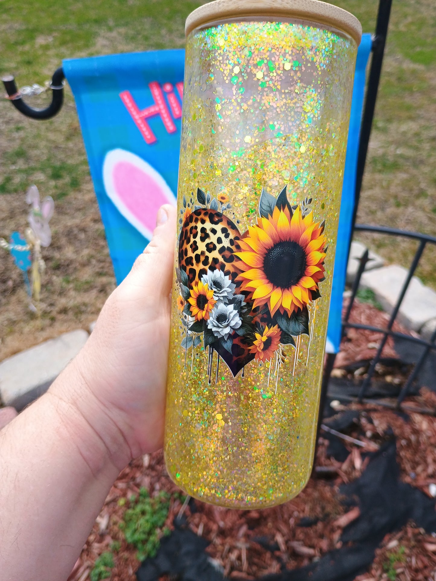 🌻 Glitter Sunflower Leopard Snowglobe Tumbler – 20oz