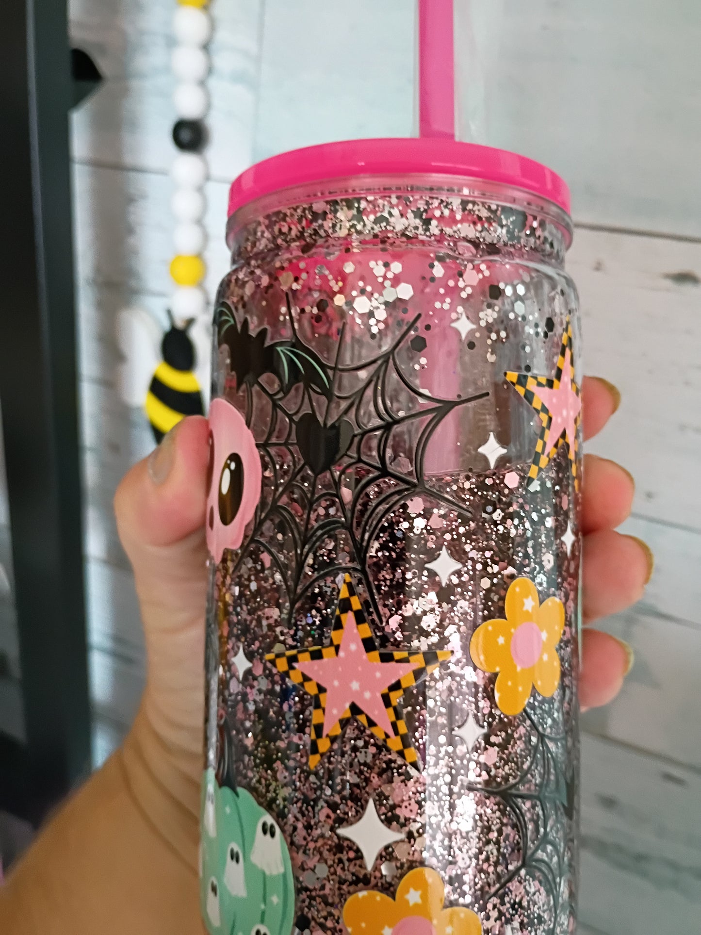 Spooky Season Snow Globe Plastic Can with Straw – Glitter Tumbler Cup