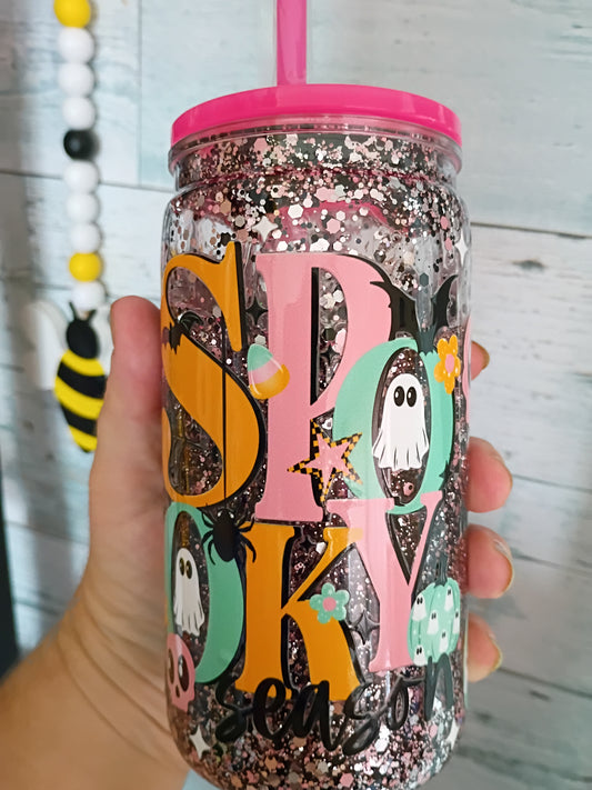 Spooky Season Snow Globe Plastic Can with Straw – Glitter Tumbler Cup