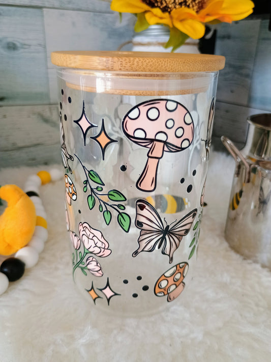 18 oz clear glass can with mushrooms 🍄 and butterflies