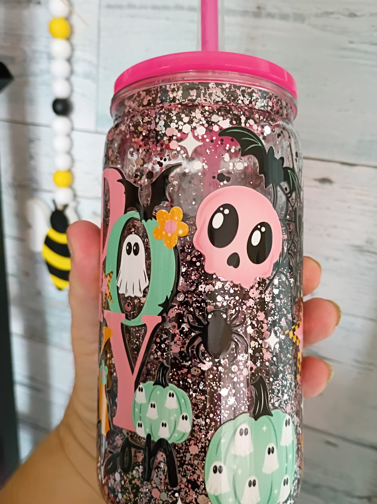 Spooky Season Snow Globe Plastic Can with Straw – Glitter Tumbler Cup