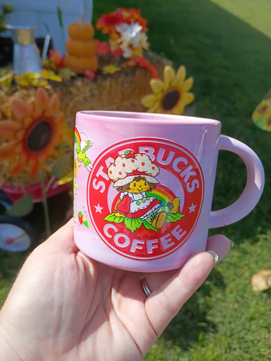 Strawberry Shortcake Inspired Pink Coffee Mug – Fun Retro Starbucks Parody