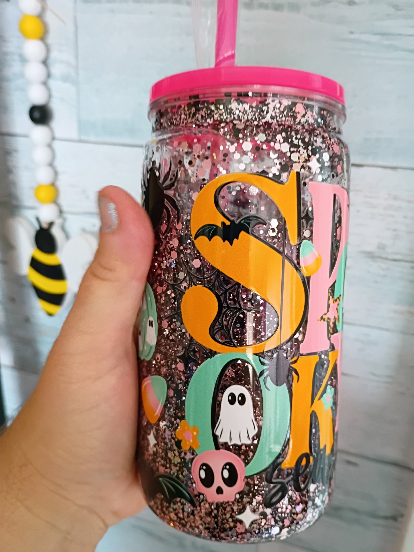 Spooky Season Snow Globe Plastic Can with Straw – Glitter Tumbler Cup